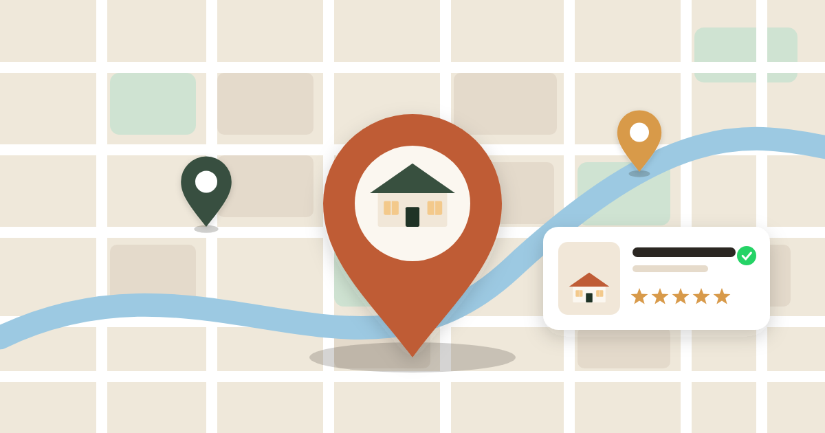 A map with a pin on a homestay and a five-star listing card